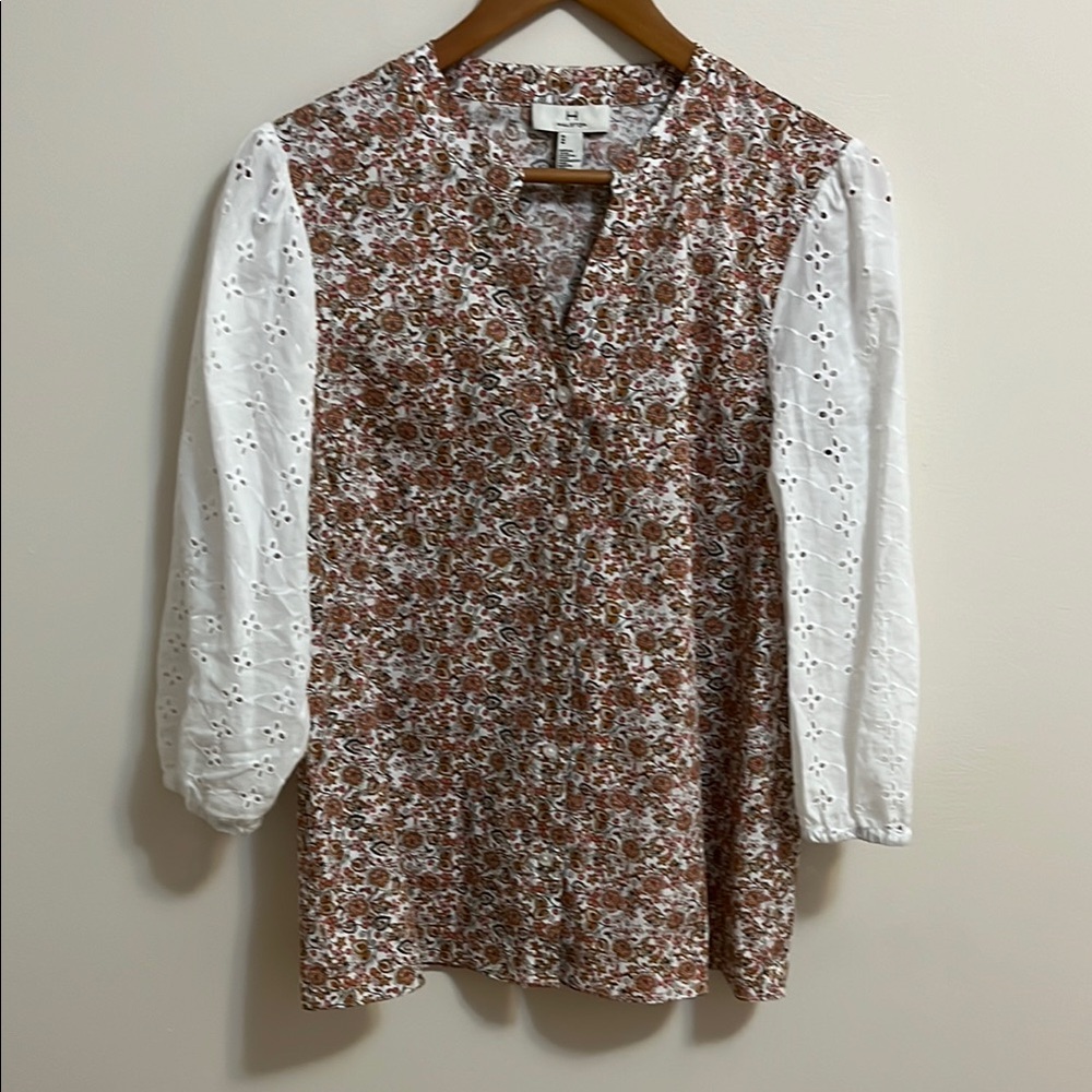H by Halston floral button blouse top Med eyelet 3/4 sleeve Milkmaid Cottage